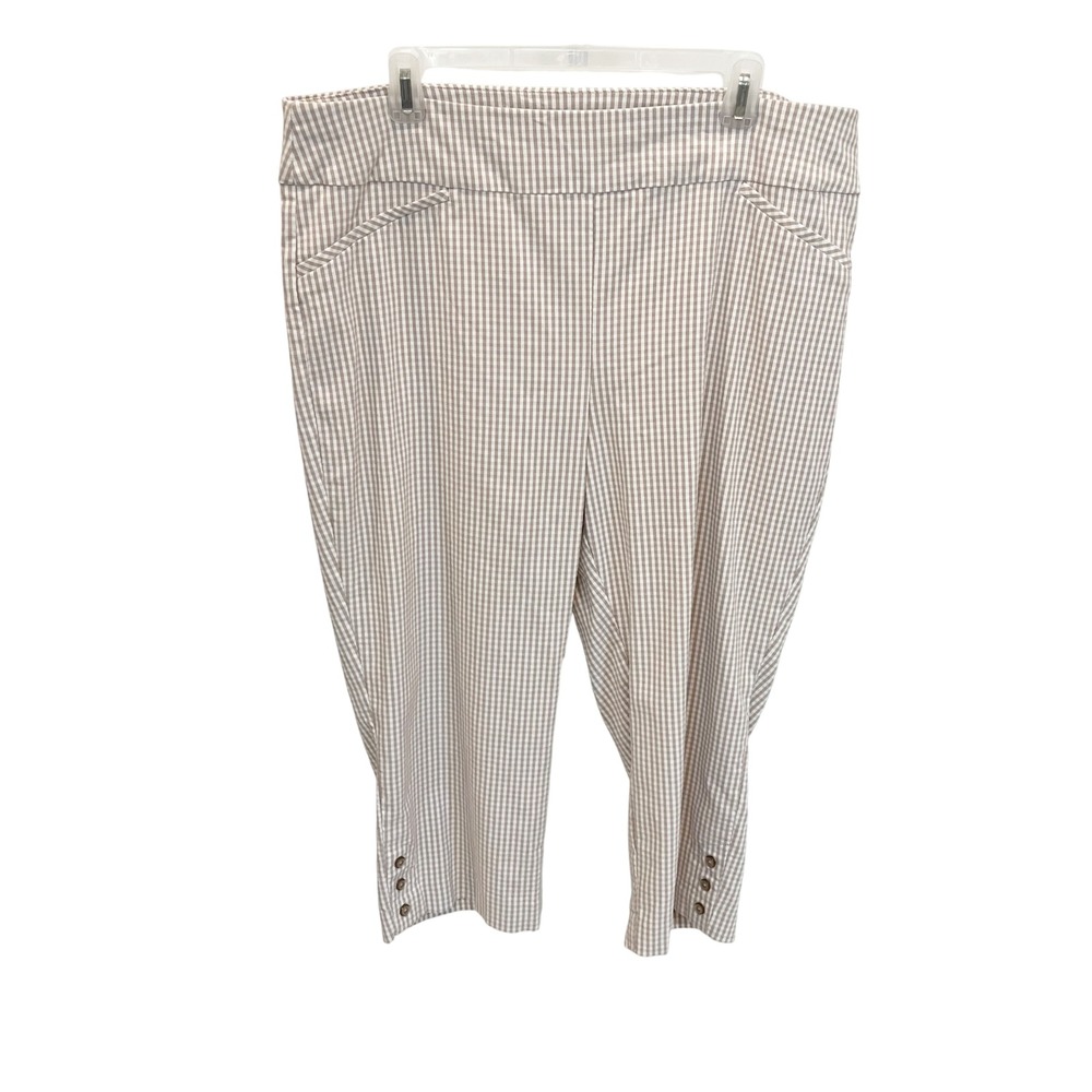 Chicos Perfect Stretch Capri Pants Tan White‎ Gingham Check Button Hem Size 3 XL